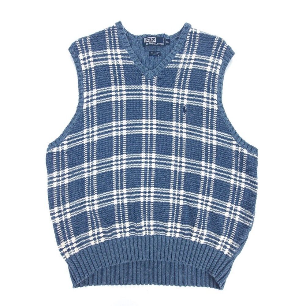 VINTAGE Polo Ralph Lauren Linen Old Money Sweater Vest Blue Plaid Academia Golf